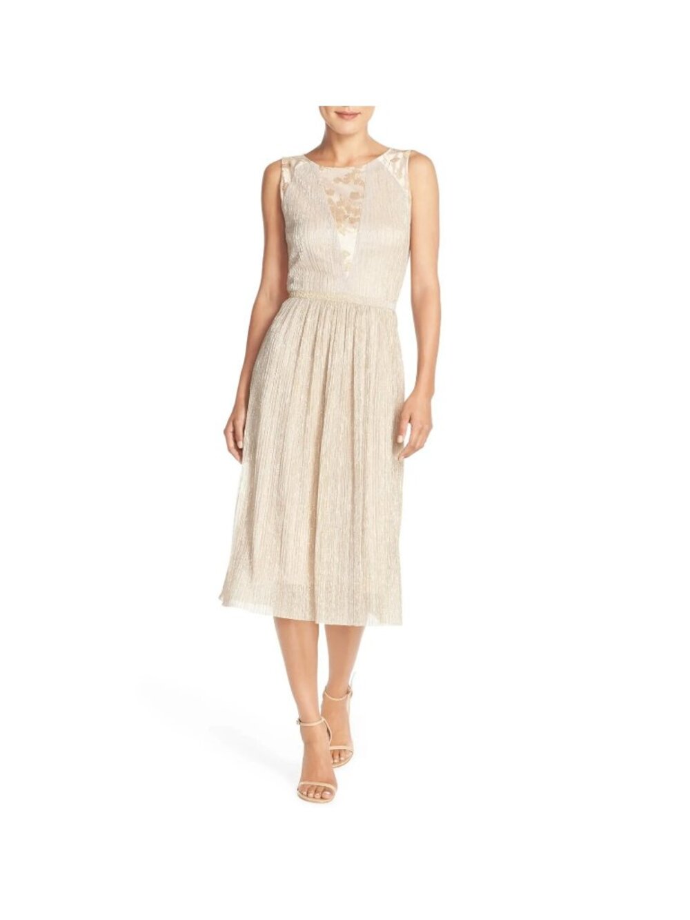 Tahari Beige Gold Pleated Metallic Jacquard Illusion Midi Dress Shimmer NWT 6